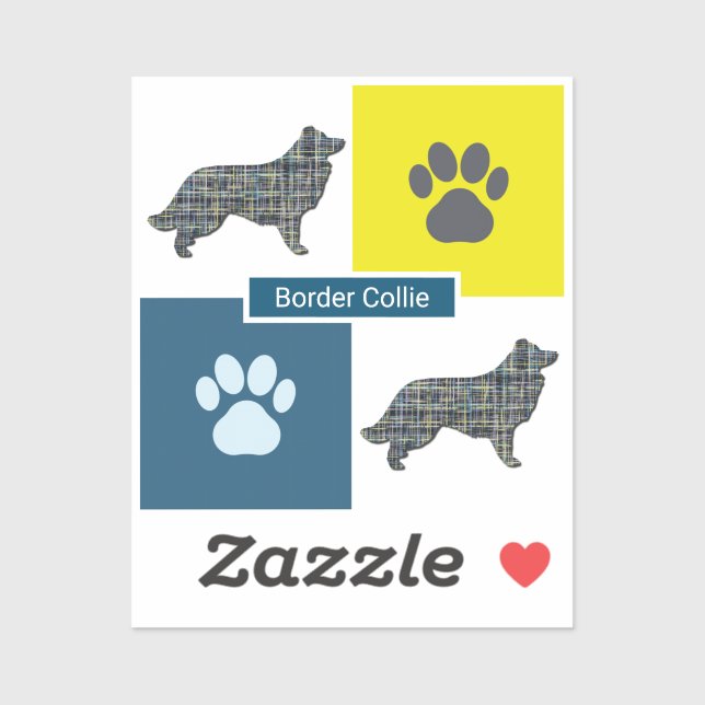Border Collie Dog & Paw Y&B Grid Sticker Cut (Sheet)