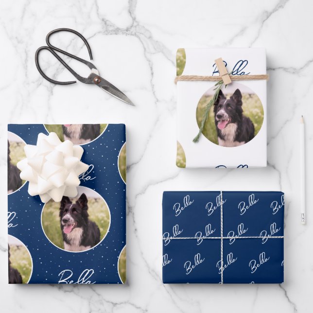 Border Collie Dog Photo Trendy Script Pet Name  Wrapping Paper Sheet (Front)