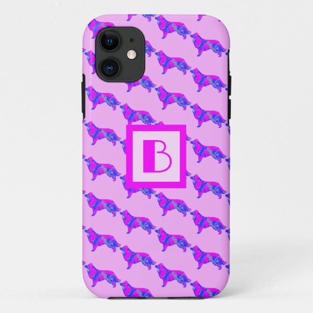 Border Collie Dog Pink & Blue Silhouette Monogram Case-Mate iPhone Case (Back)