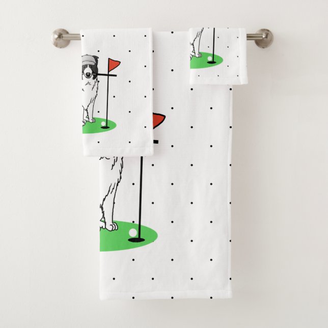 Border Collie Dog Playing Golf (black & white) Fun Bath Towel Set (Insitu)