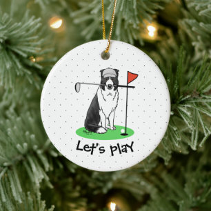 Border Collie Dog Playing Golf (black & white) Fun Ceramic Ornament