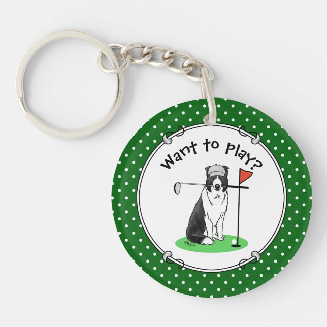 Border Collie Dog Playing Golf (black & white) Fun Keychain (Front)