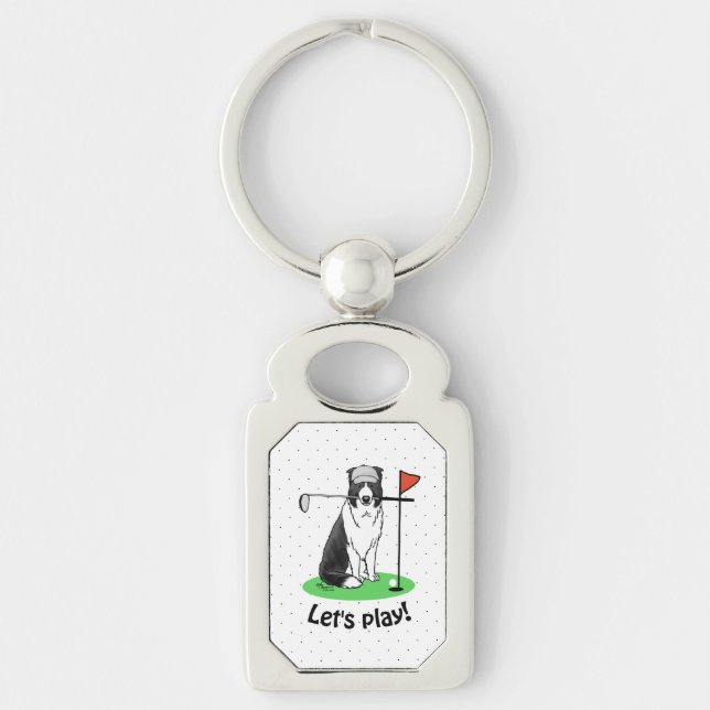 Border Collie Dog Playing Golf (black & white) Fun Keychain (Front)
