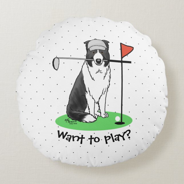 Border Collie Dog Playing Golf (black & white) Fun Round Pillow (Front)