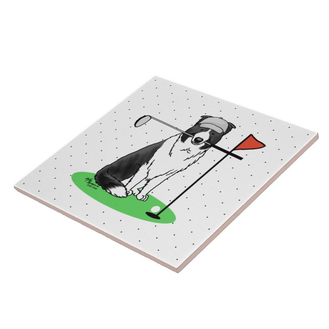 Border Collie Dog Playing Golf (black & white) Fun Tile (Side)