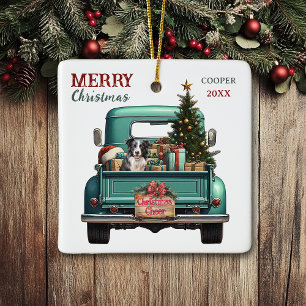Border Collie Dog Retro Truck Christmas Ceramic Ornament