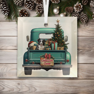 Border Collie Dog Retro Truck Christmas Glass Ornament
