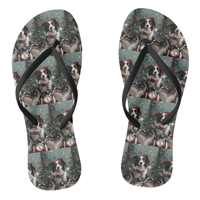 Border Collie Dog Riding Motorcycle Christmas  Flip Flops (Footbed)