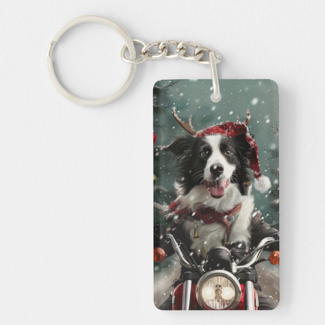 Border Collie Dog Riding Motorcycle Christmas  Keychain (Front)