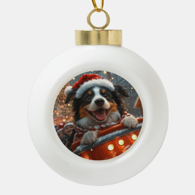 Border Collie Dog Roller Coaster Christmas Ceramic Ball Christmas Ornament (Front)