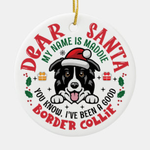 Border Collie Dog Santa Christmas Personalized Ceramic Ornament