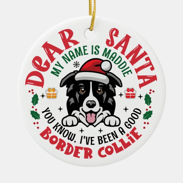 Border Collie Dog Santa Christmas Personalized Ceramic Ornament (Front)
