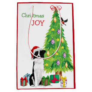 Border Collie Dog Santa Hat and Christmas Tree Medium Gift Bag