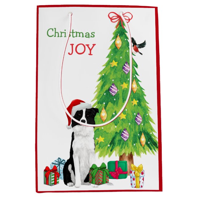 Border Collie Dog Santa Hat and Christmas Tree Medium Gift Bag (Front)