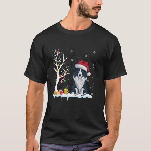 Border Collie Dog Santa Hat Festive Tree Light Xma T-Shirt (Front)