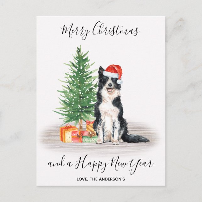 Border Collie Dog Santa Tree Merry Christmas Holiday Postcard (Front)