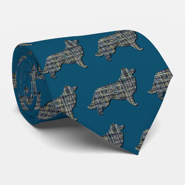Border Collie Dog Silhouette Grid Line Blue Tie (Rolled)