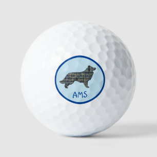 Border Collie Dog Silhouette Monogram Grid Blue Golf Balls