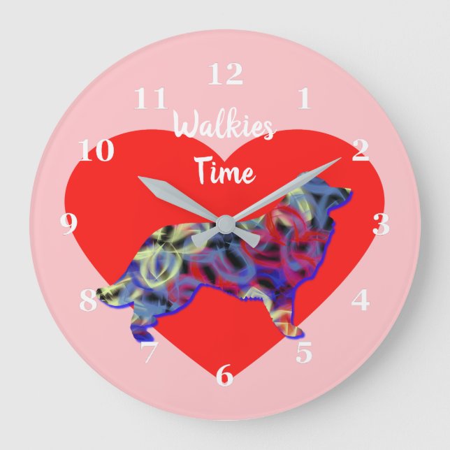 Border Collie Dog Silhouette Valentine’s Day Pink Large Clock (Front)