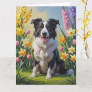 Border Collie Dog Spring Flowers Painting Card