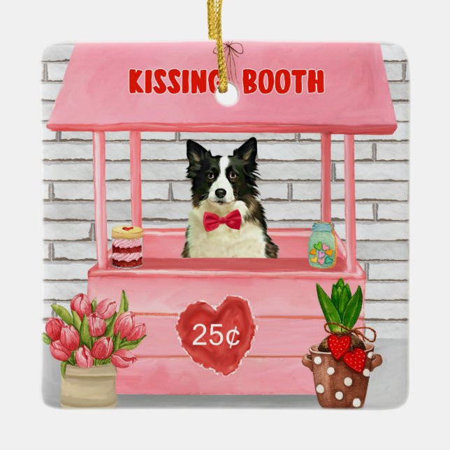 Border Collie Dog Valentine's Day Kissing Booth Ceramic Ornament (Front)