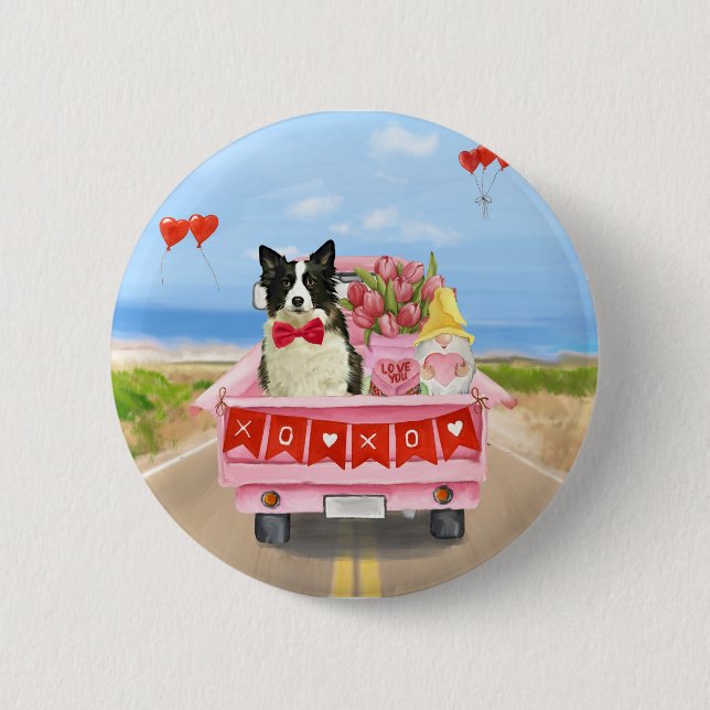 Border Collie Dog Valentine's Day Truck Hearts  2 Inch Round Button (Front)