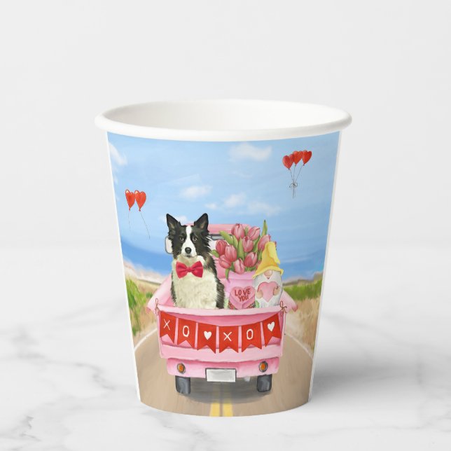 Border Collie Dog Valentine's Day Truck Hearts Paper Cups (Front)
