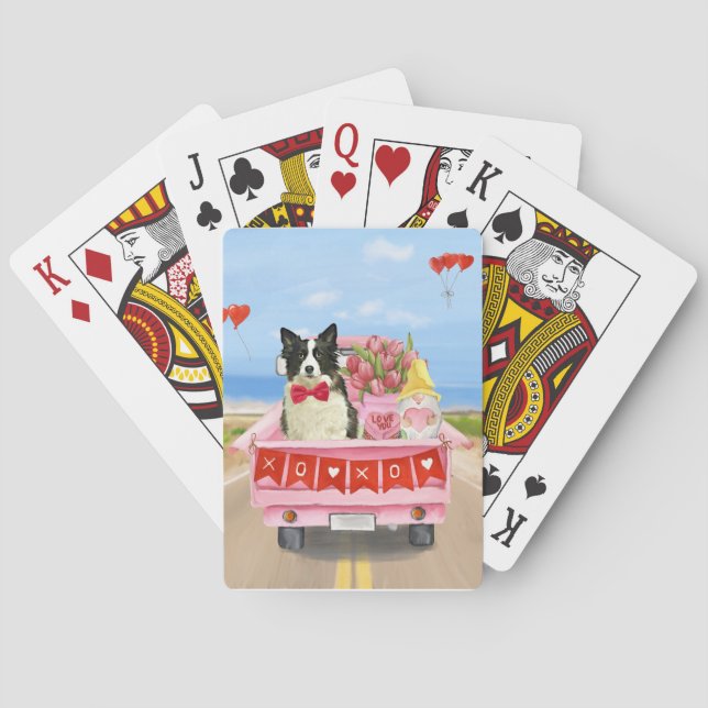 Border Collie Dog Valentine's Day Truck Hearts  Playing Cards (Back)