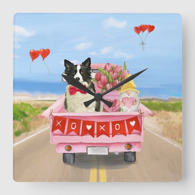 Border Collie Dog Valentine's Day Truck Hearts Square Wall Clock (Front)
