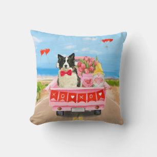 Border Collie Dog Valentine's Day Truck Hearts Throw Pillow