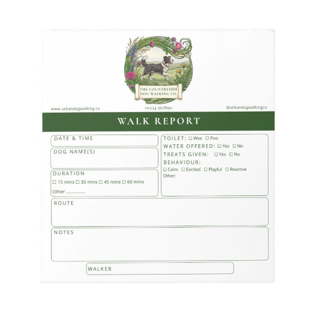 Border Collie Dog Walk Report Form Custom Notepad (Front)