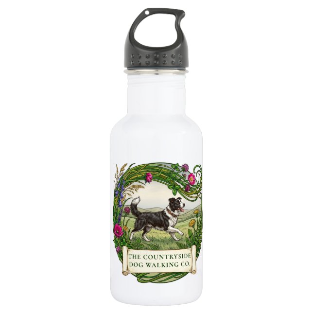 Border Collie Dog Walker Custom Water Bottle  (Front)
