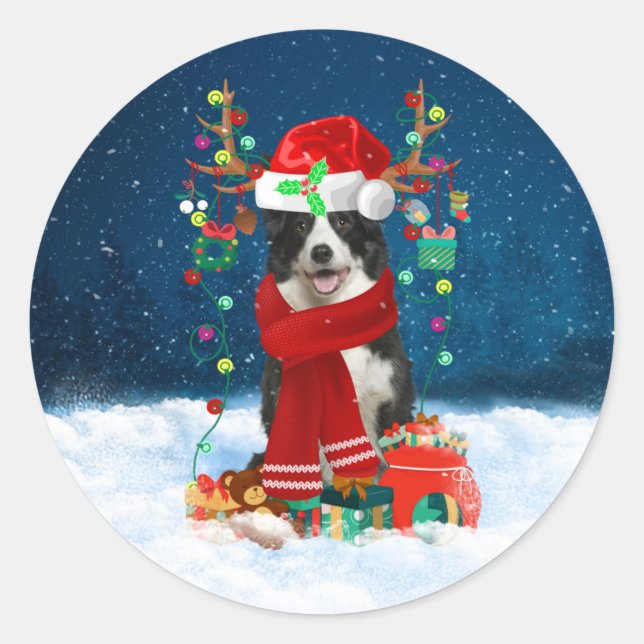 Border Collie dog with Christmas gifts  Classic Round Sticker (Front)
