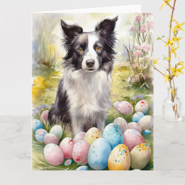 Border Collie Dog with Easter Eggs Holiday  Card (Yellow Flower)