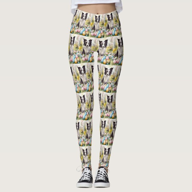 Border Collie Dog with Easter Eggs Holiday  Leggings (Front)
