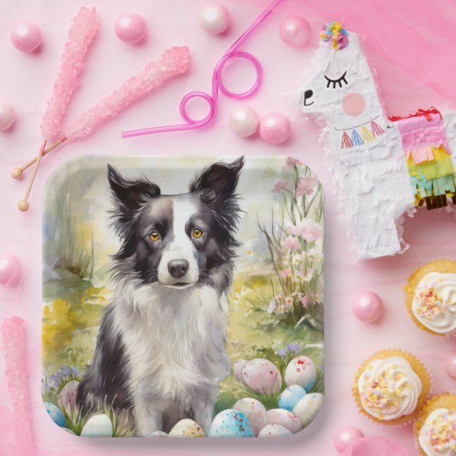 Border Collie Dog with Easter Eggs Holiday  Paper Plate (Party)