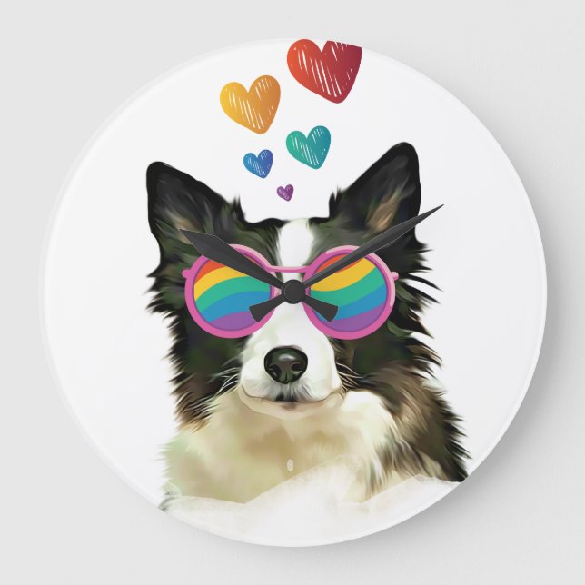 Border Collie  Dog with Hearts Valentine's Day  Large Clock (Front)