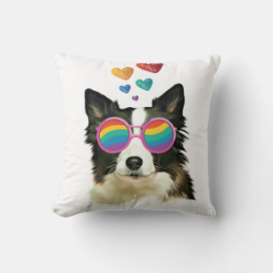 Border Collie  Dog with Hearts Valentine's Day Throw Pillow