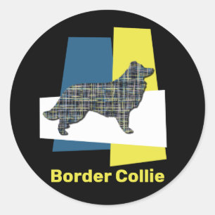 Border Collie Dog Y&B Grid on Tri-colour Rectangle Classic Round Sticker