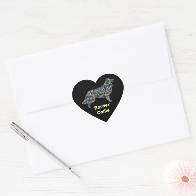 Border Collie Dog Yellow & Black Grid Line Heart Sticker (Envelope)