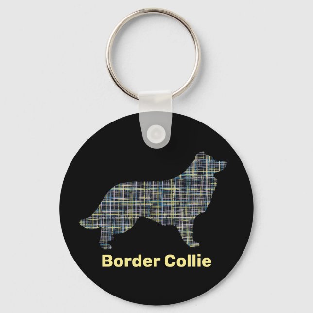 Border Collie Dog Yellow & Black Grid Line Keychain (Front)