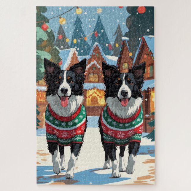 Border Collie Dogs Christmas Snow Holiday Jigsaw Puzzle (Vertical)