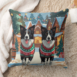 Border Collie Dogs Christmas Snow Holiday Throw Pillow