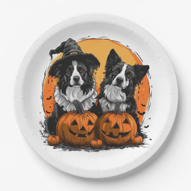 Border Collie Dogs Halloween Jack O Lanterns Paper Plate (Front)