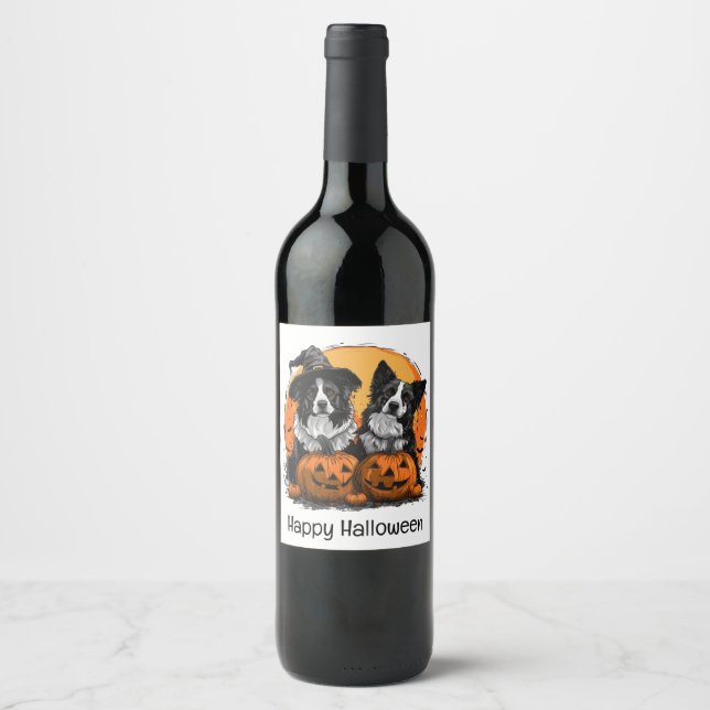 Border Collie Dogs Halloween Jack O Lanterns Wine Label (Front)