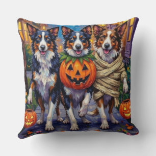 Border Collie Dogs Trick-or-Treating in Halloween Throw Pillow