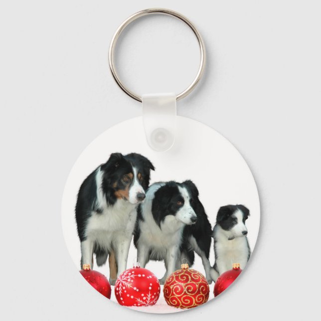 Border Collie Dogs with Red Christmas Ornaments Keychain (Front)