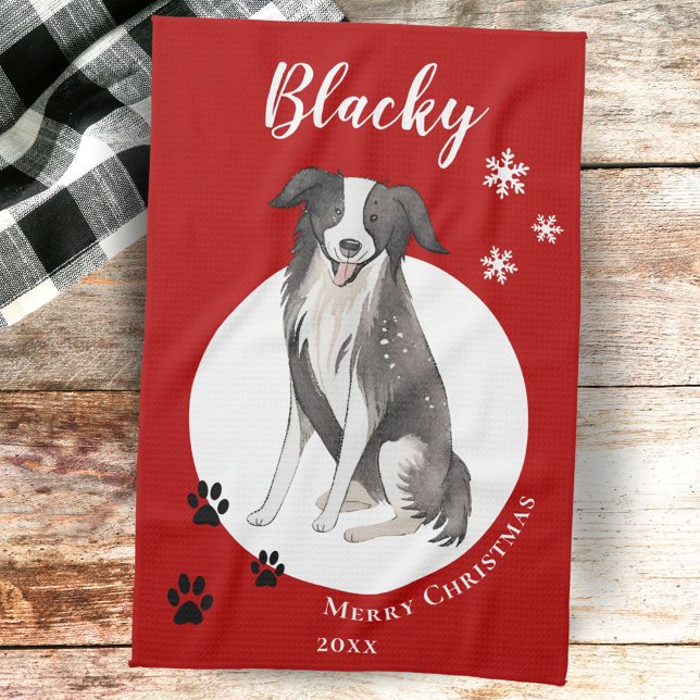 Border Collie Drawing Paw Merry Christmas  Kitchen Towel (Creator Uploaded)