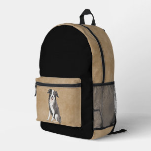 Border Collie Drawing Rustic Beige Black Printed Backpack