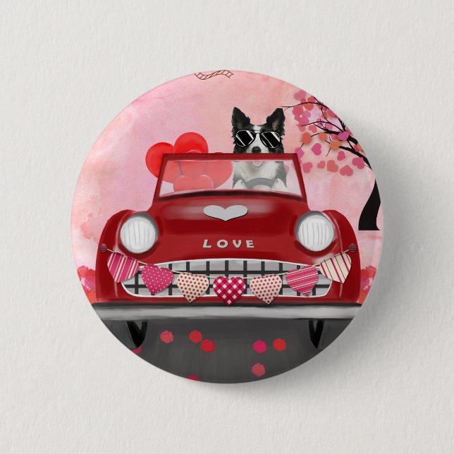 Border Collie Driving Car with Hearts Valentine's  2 Inch Round Button (Front)